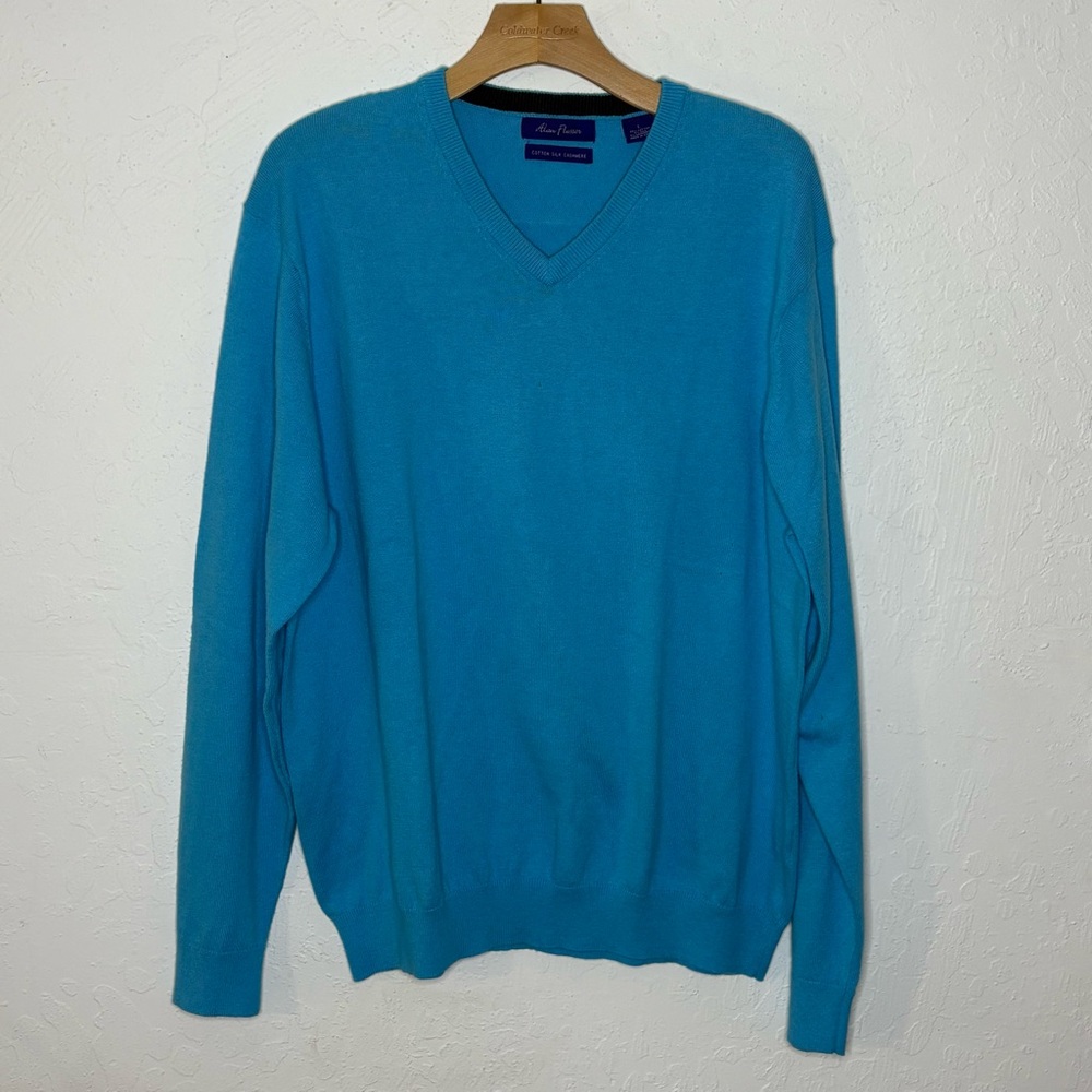 Alan Flusser Cotton Silk Cashmere V Neck Blue Sweater Men’s L Soft Pullover